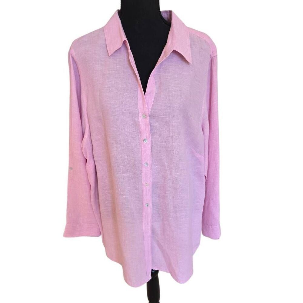 Sigrid Olsen Womens Collared Linen Long Sleeve Tunic Button Up Shirt Pink Sz 2X